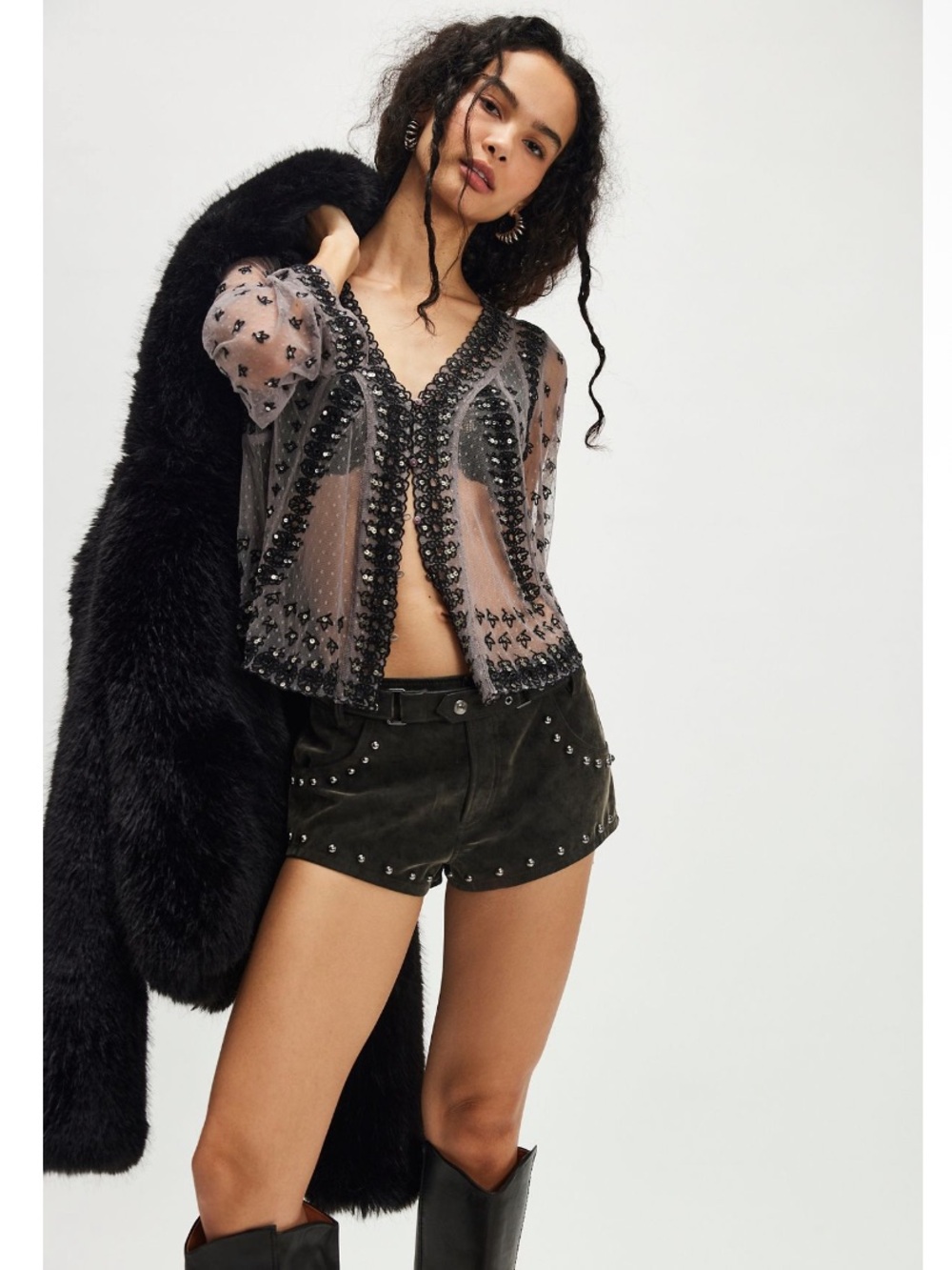 Free People Declan Sequin Sheer Embellished Shirt in Petrified Wood Combo Med - Picture 2 of 8